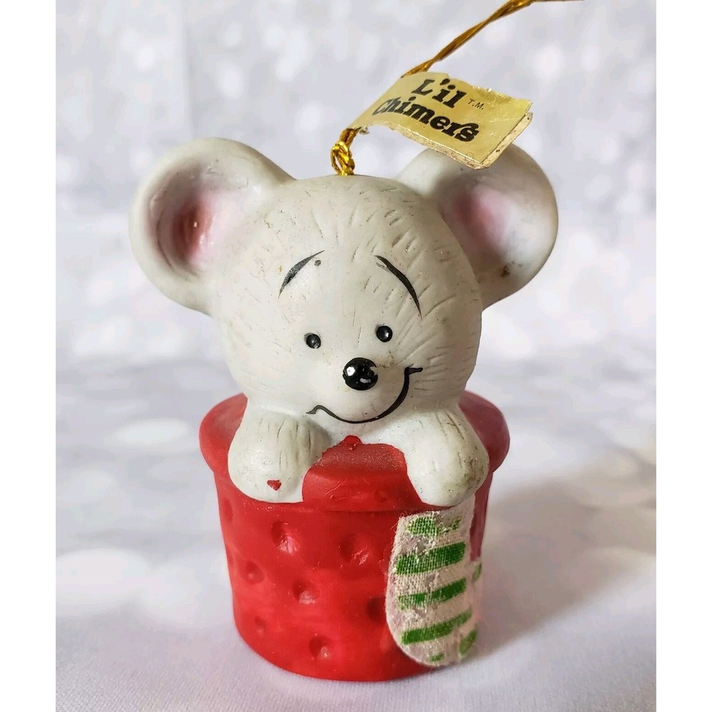 VTG Christmas Bell Ornament Jasco Lil Chimers Bisque Porcelain Mouse